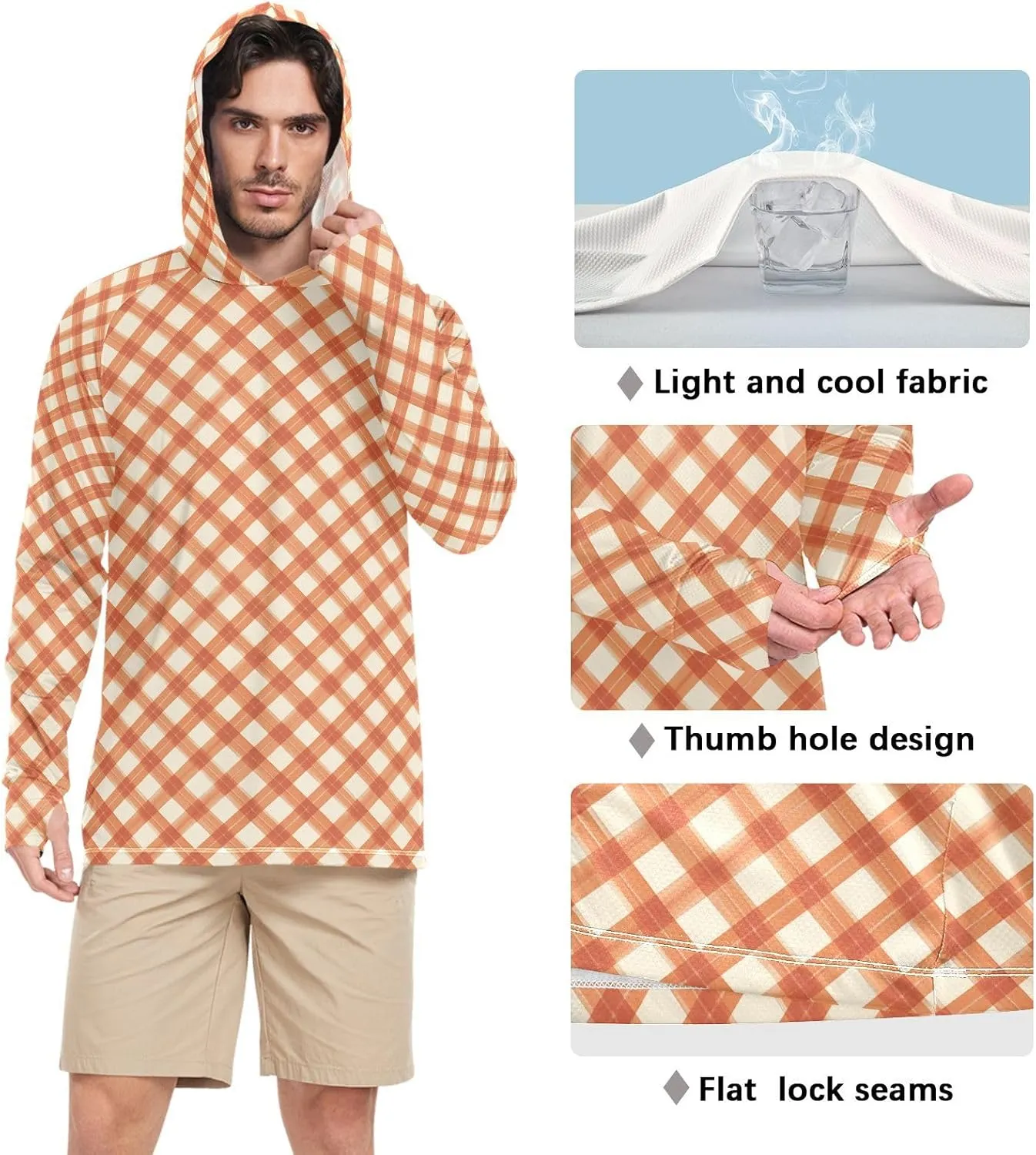 Men's Sun Protection Hoodie Long Sleeve UPF 50 Mens Sun Shirt Fishing Shirt UV Rash Guard with Hood Gingham Burnt Orange