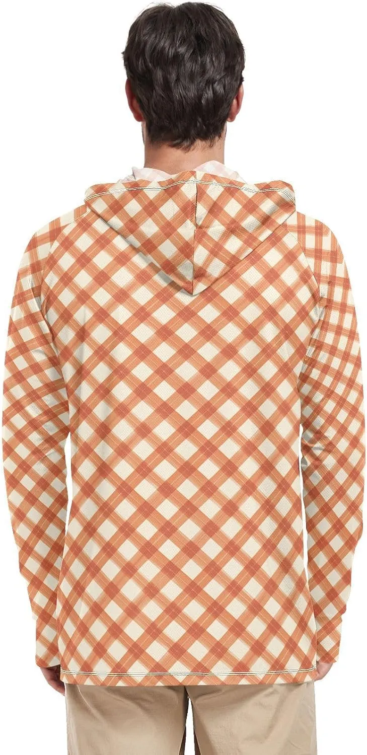 Men's Sun Protection Hoodie Long Sleeve UPF 50 Mens Sun Shirt Fishing Shirt UV Rash Guard with Hood Gingham Burnt Orange