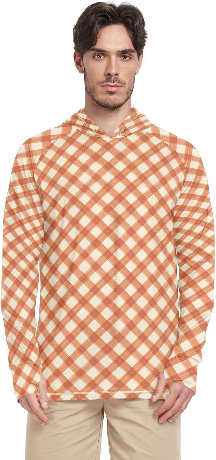 Men's Sun Protection Hoodie Long Sleeve UPF 50 Mens Sun Shirt Fishing Shirt UV Rash Guard with Hood Gingham Burnt Orange