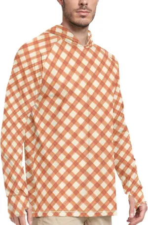 Men's Sun Protection Hoodie Long Sleeve UPF 50 Mens Sun Shirt Fishing Shirt UV Rash Guard with Hood Gingham Burnt Orange