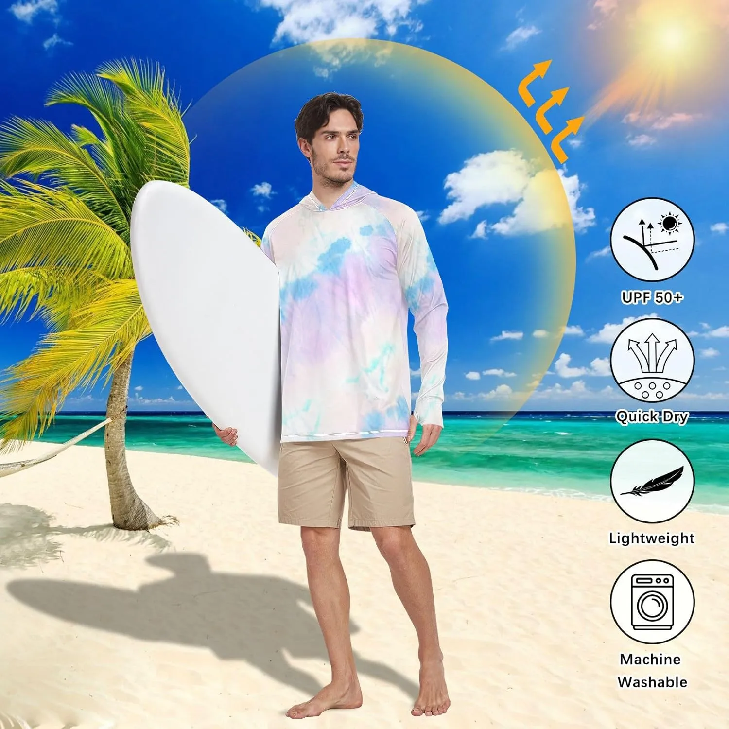 Men's Sun Protection Hoodie Long Sleeve UPF 50   Mens Sun Shirts Rash Guard Shirts for Men Sun Hoodies Tie Dyed