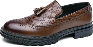 Men's Tassel Loafers Woven Pattern Leather Slip-on Dress Shoes Wide Round Toe Brogue Wingtip Business Design Fashion Non-Slip Work Casual Shoes