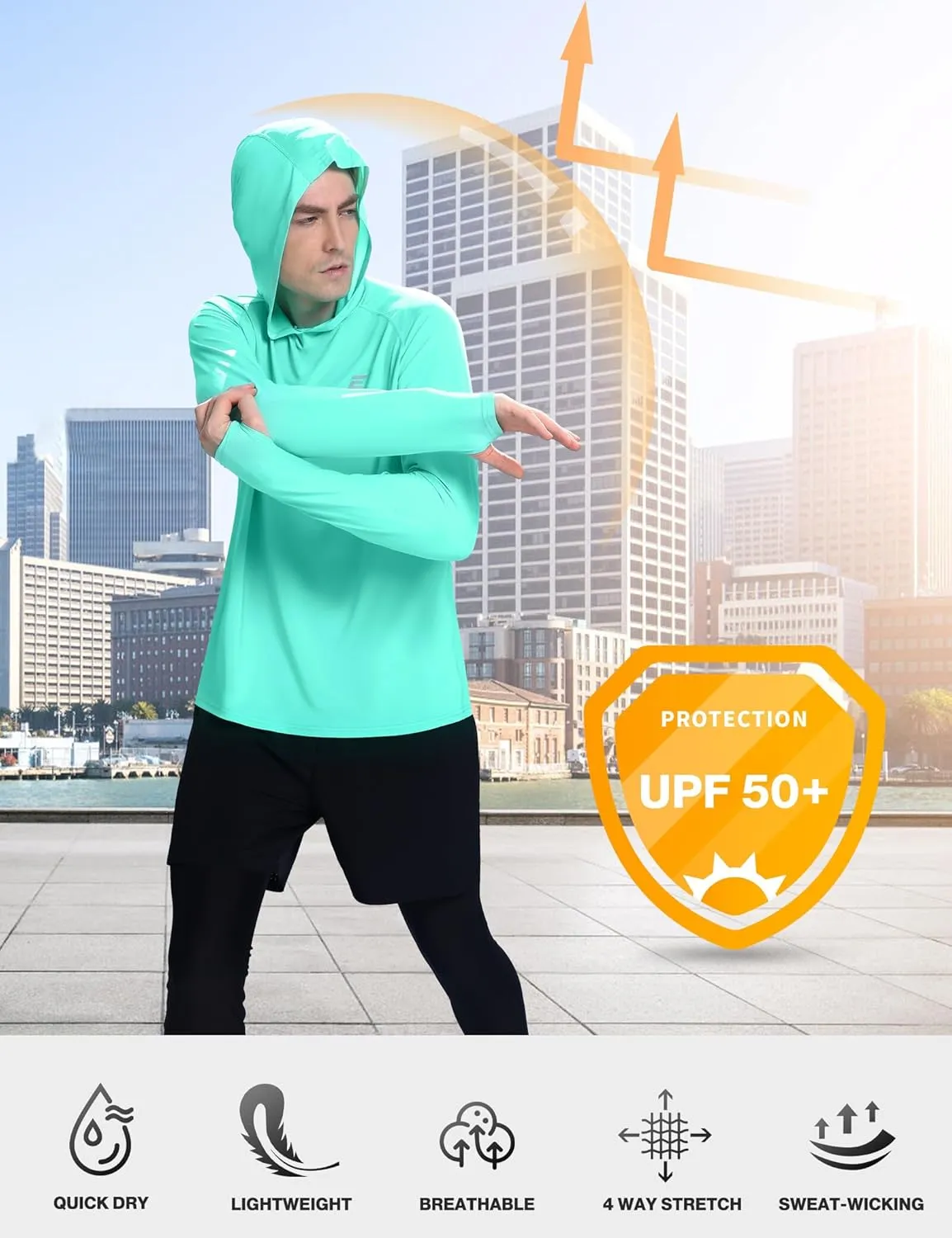 Men's UPF 50  Sun Protection Hoodie Shirts UV SPF Long Sleeve Rash Guard Fishing Swim Shirts Quick Dry