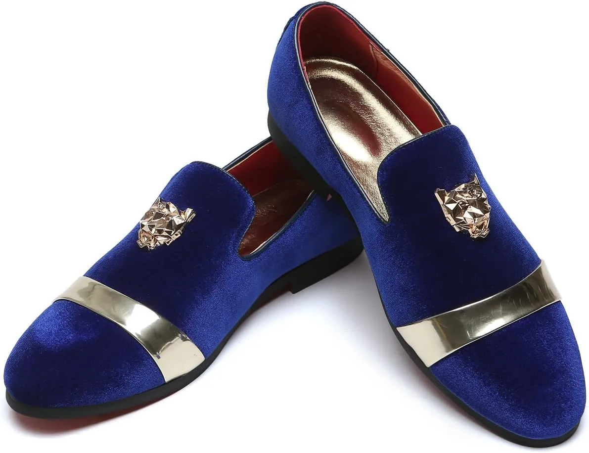 Mens Velvet Loafers Slippers with Gold Buckle Wedding Dress Shoes Slip-on Smoking Flats Black Blue Red