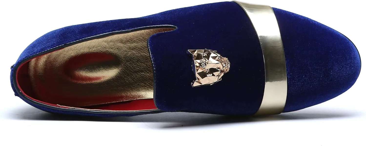 Mens Velvet Loafers Slippers with Gold Buckle Wedding Dress Shoes Slip-on Smoking Flats Black Blue Red