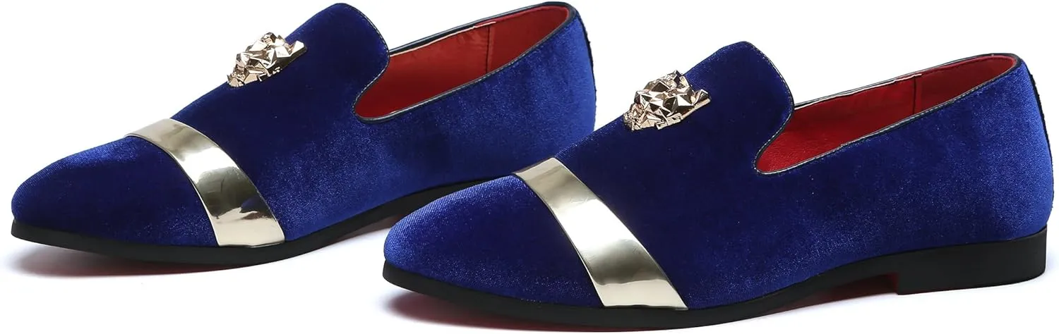 Mens Velvet Loafers Slippers with Gold Buckle Wedding Dress Shoes Slip-on Smoking Flats Black Blue Red