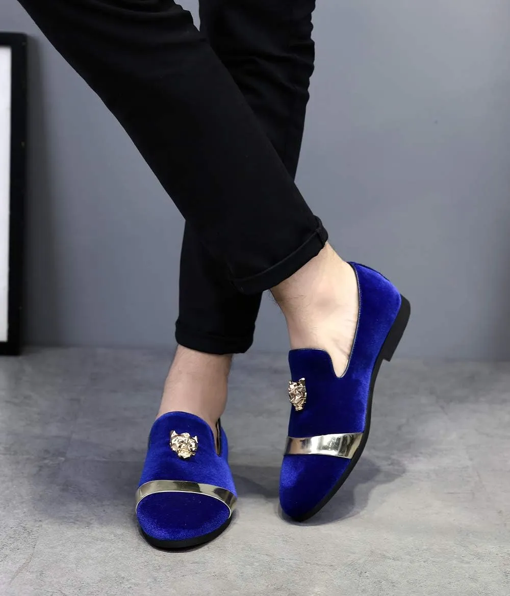 Mens Velvet Loafers Slippers with Gold Buckle Wedding Dress Shoes Slip-on Smoking Flats Black Blue Red