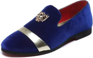 Mens Velvet Loafers Slippers with Gold Buckle Wedding Dress Shoes Slip-on Smoking Flats Black Blue Red