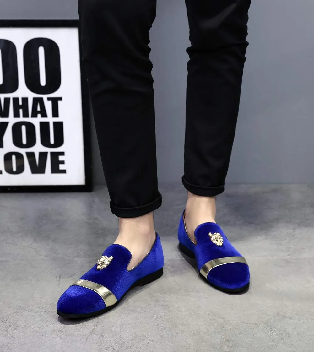 Mens Velvet Loafers Slippers with Gold Buckle Wedding Dress Shoes Slip-on Smoking Flats Black Blue Red