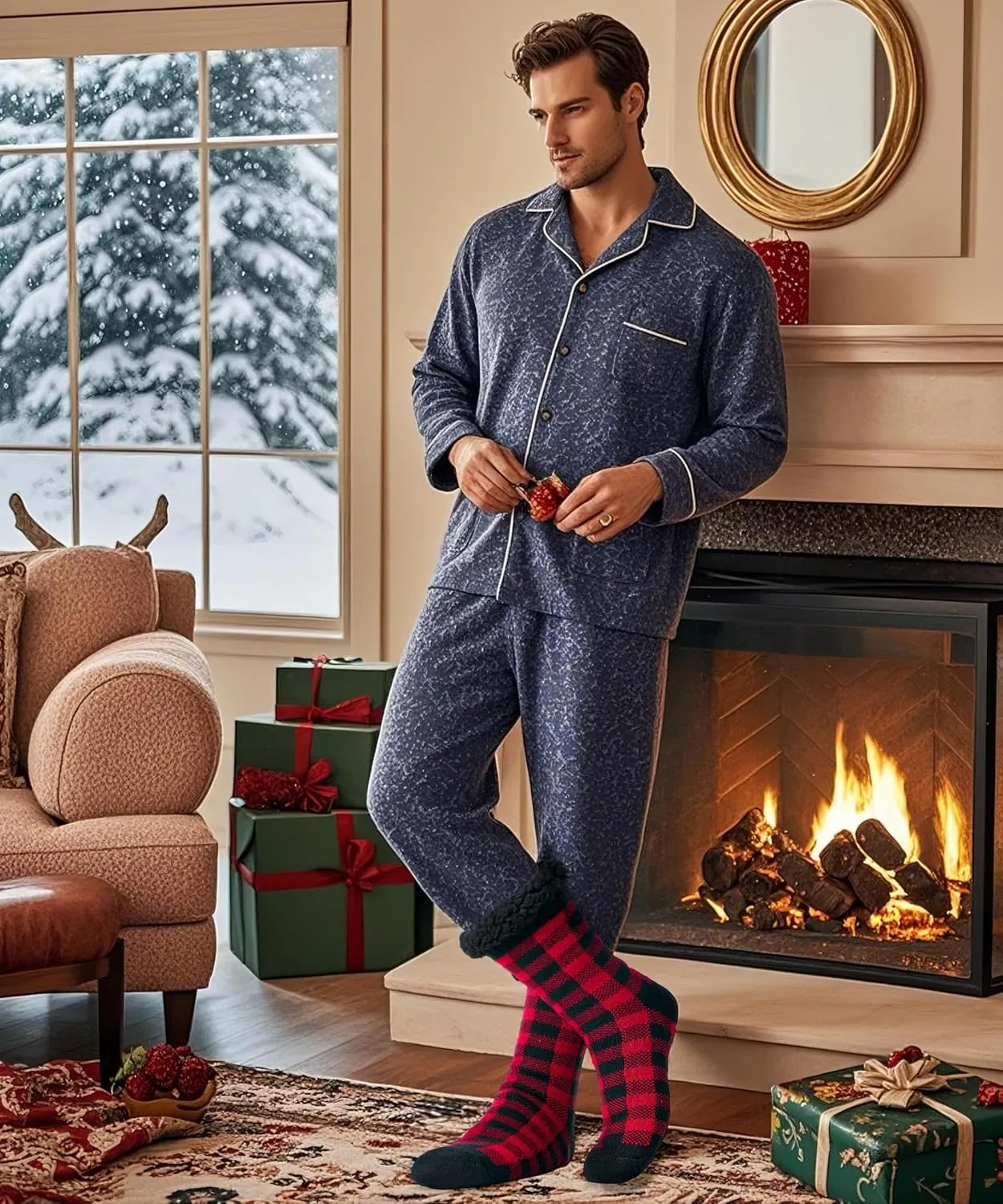 Men's Warm Slipper Socks with Grips, Winter Thermal Cabin Fuzzy Socks, Cozy Christmas Gifts for Men Unique