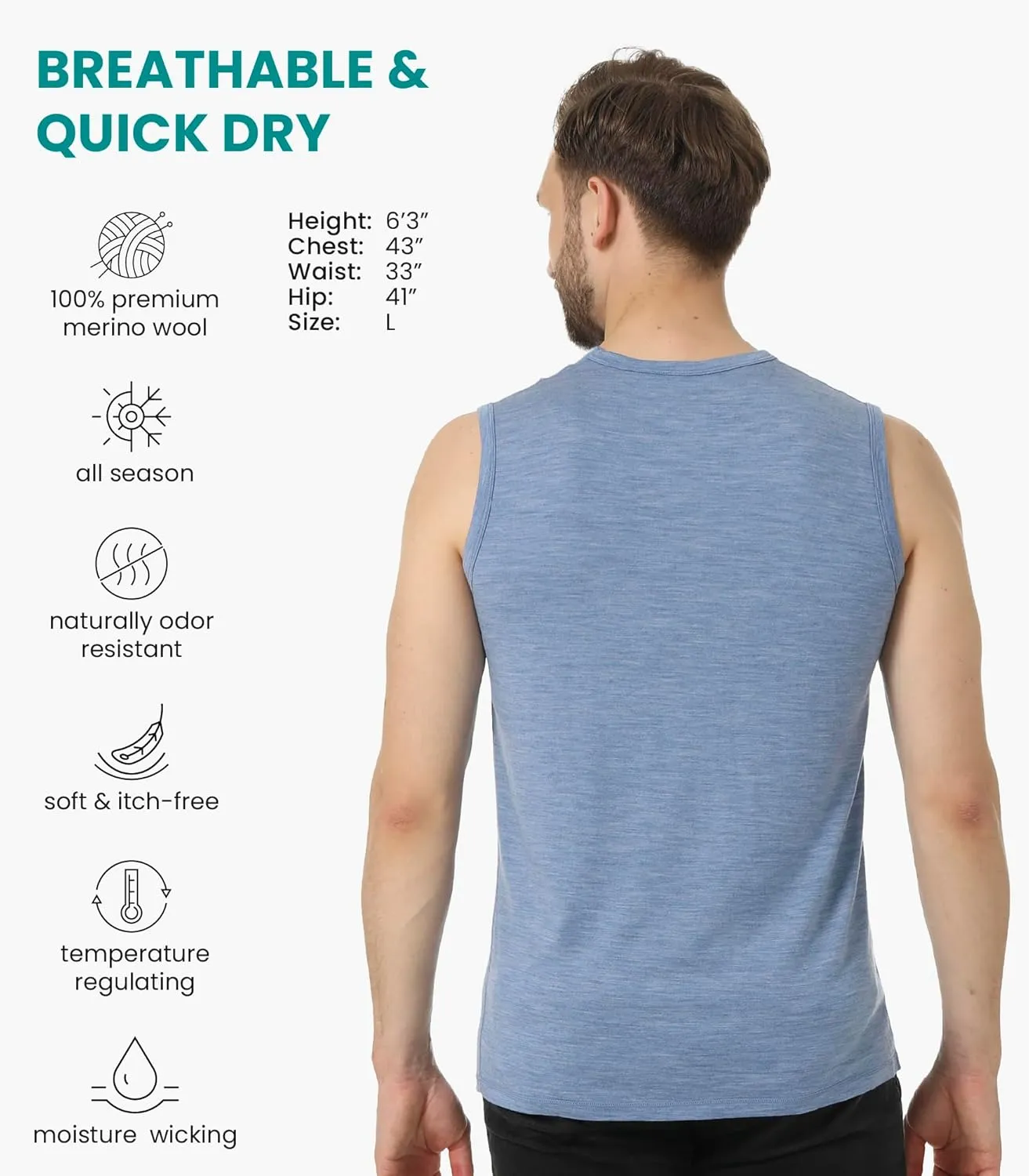 Merino Wool Tank Top Men - Active Merino Wool Undershirt Moisture Wicking Breathable Anti-Odor Lightweight Base Layer