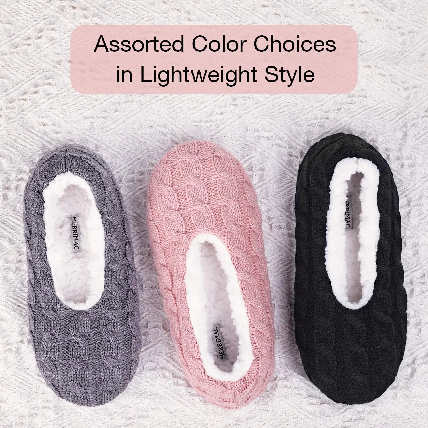 MERRIMAC Women's Fuzzy Cable Knit Slipper Socks with Grippers