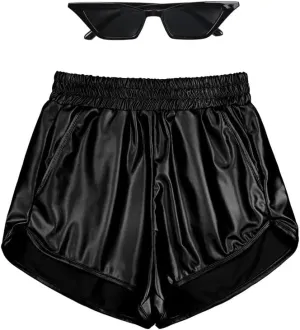 Mirawise Women's Metallic Shorts Summer Yoga Hot Shiny Sparkly Outfit Short Pants with Sunglasses