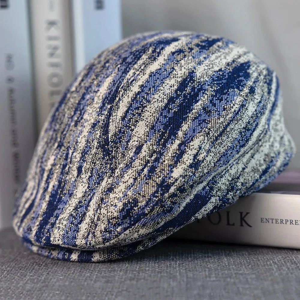 Monaitte Blue & White Striped Linen Flat Cap