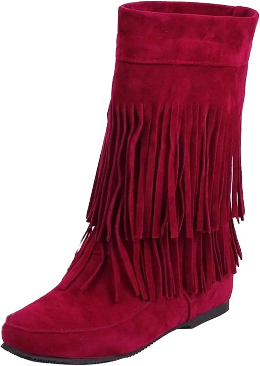 MOYOWEI Women's Vintage 2-Layer Fringe Suede Mid-Calf Boots,Fall Round Toe Hidden Height Lifting Hippie Low Flat High Boots