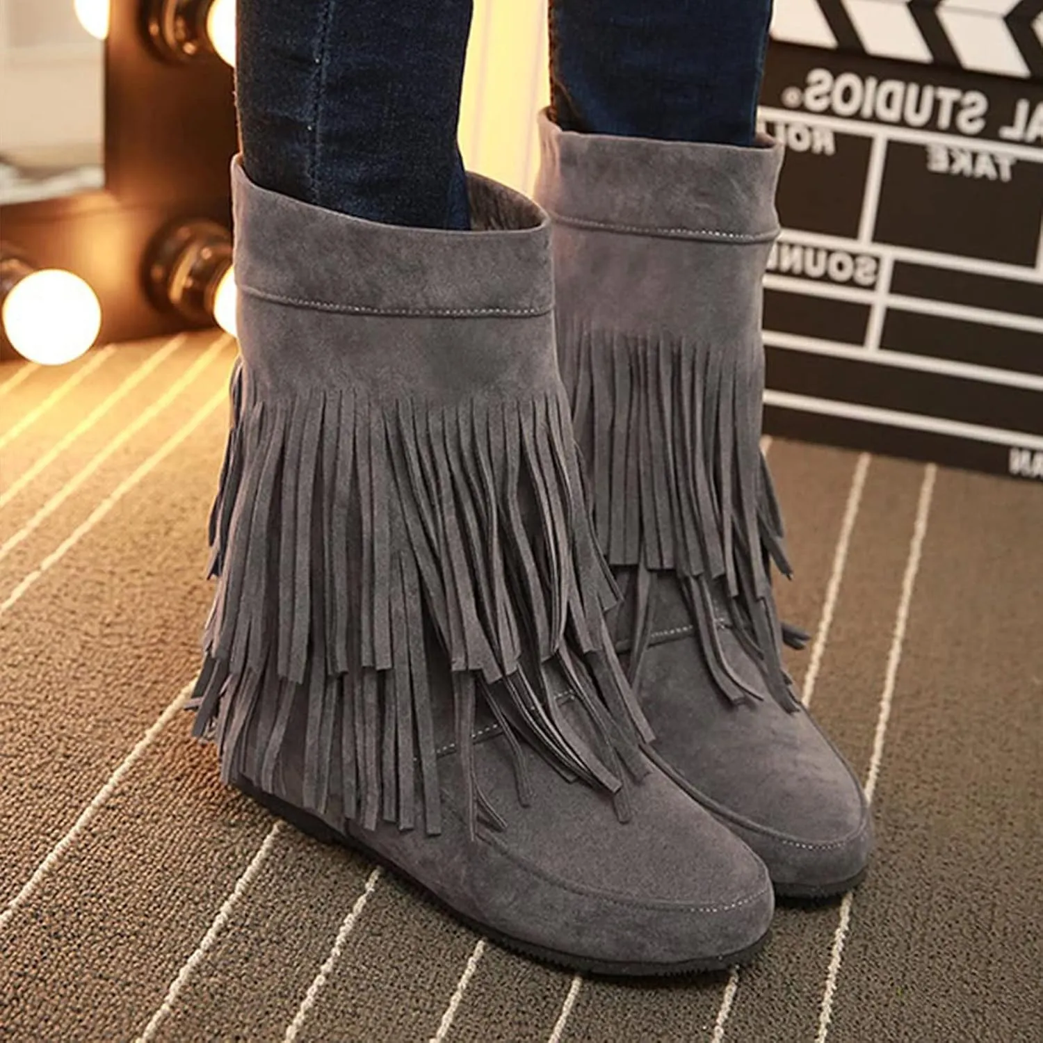 MOYOWEI Women's Vintage 2-Layer Fringe Suede Mid-Calf Boots,Fall Round Toe Hidden Height Lifting Hippie Low Flat High Boots