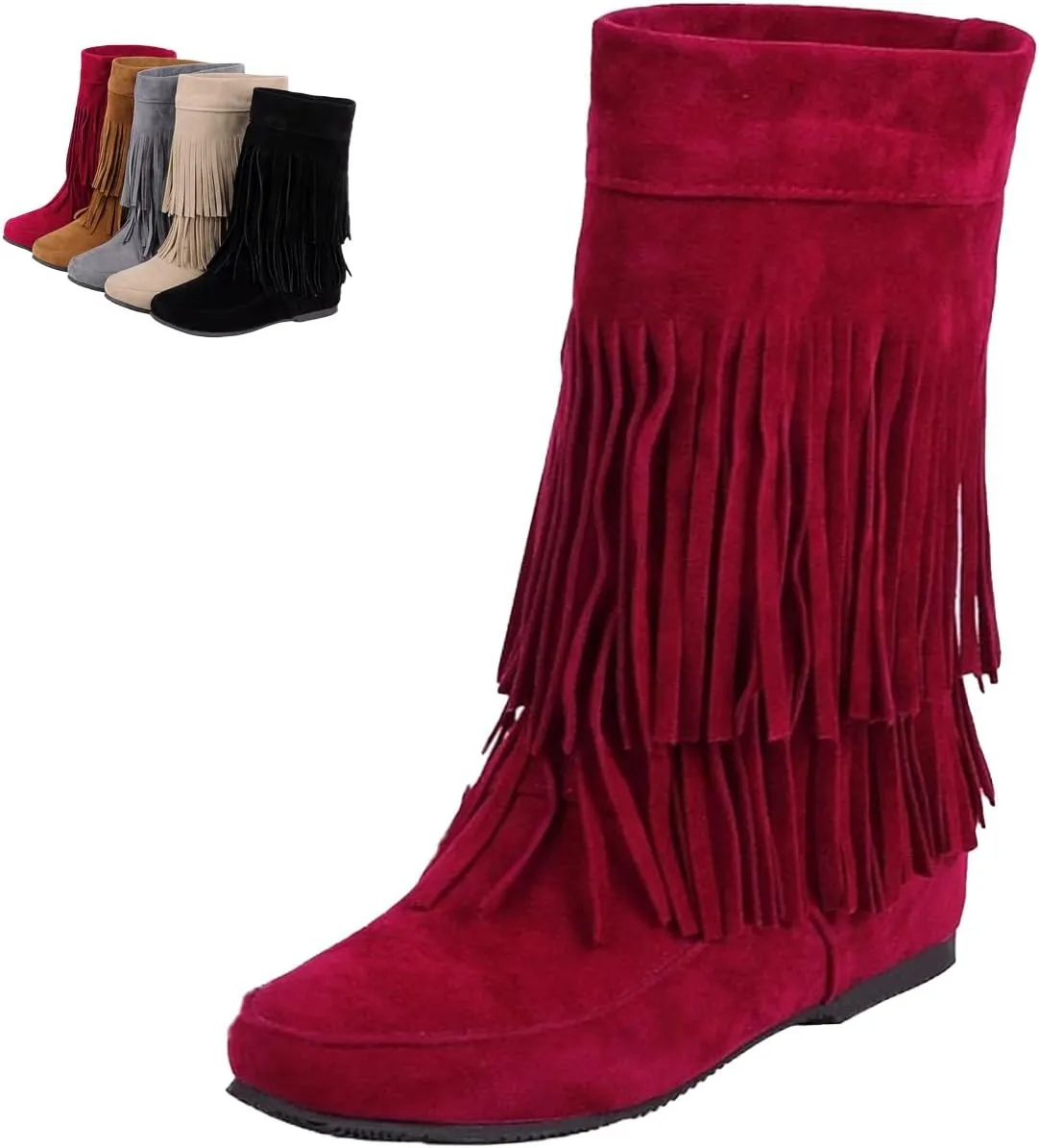 MOYOWEI Women's Vintage 2-Layer Fringe Suede Mid-Calf Boots,Fall Round Toe Hidden Height Lifting Hippie Low Flat High Boots