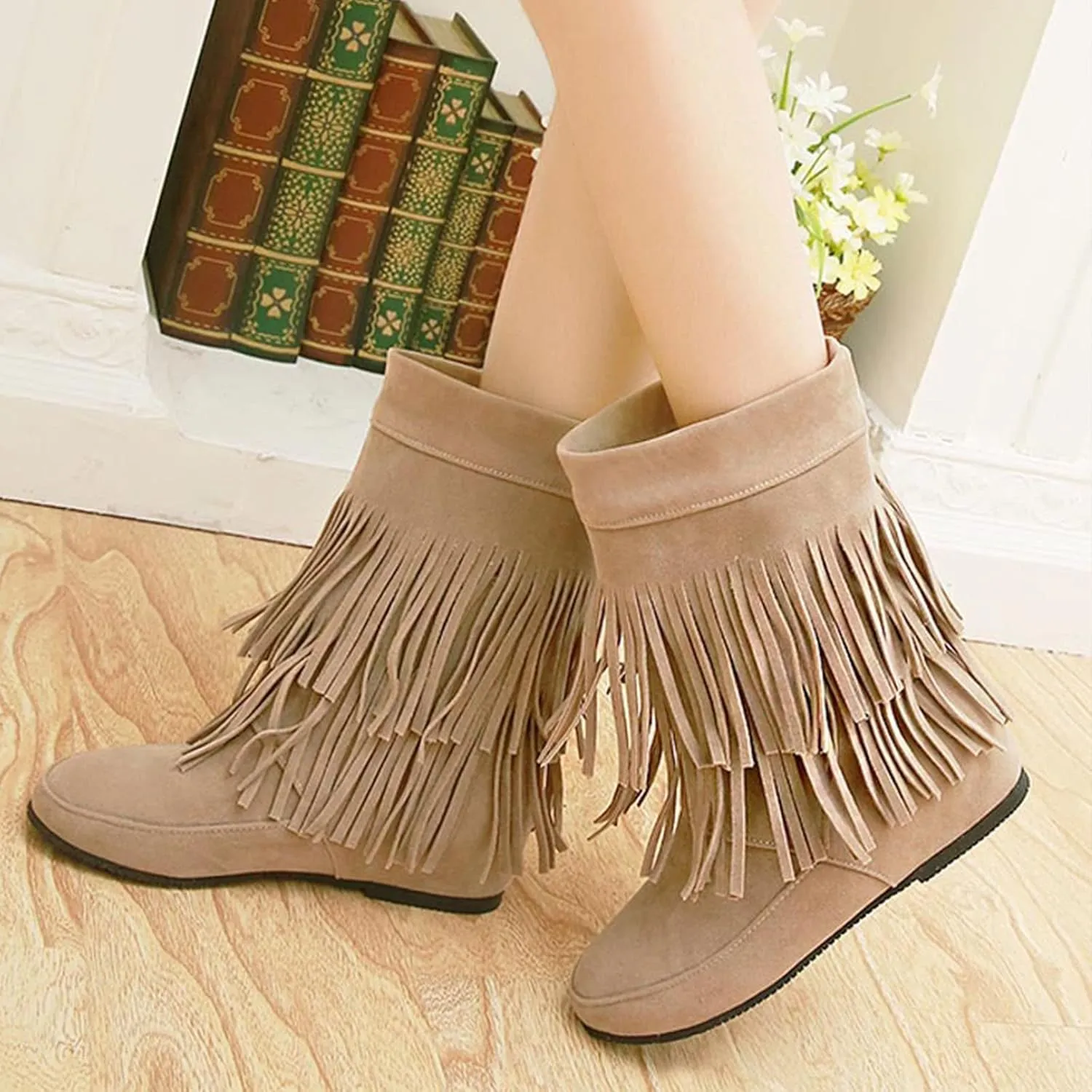 MOYOWEI Women's Vintage 2-Layer Fringe Suede Mid-Calf Boots,Fall Round Toe Hidden Height Lifting Hippie Low Flat High Boots