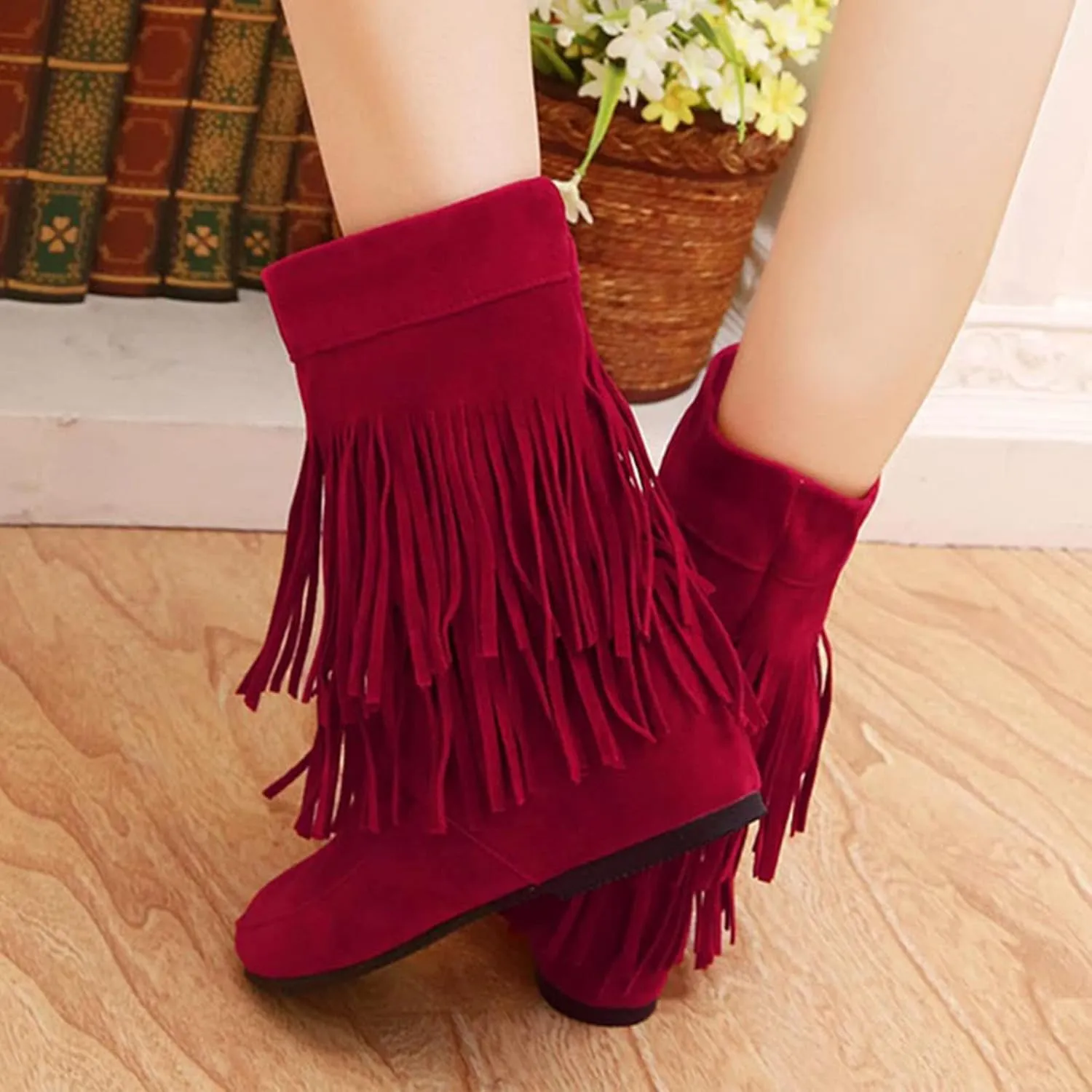 MOYOWEI Women's Vintage 2-Layer Fringe Suede Mid-Calf Boots,Fall Round Toe Hidden Height Lifting Hippie Low Flat High Boots