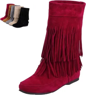 MOYOWEI Women's Vintage 2-Layer Fringe Suede Mid-Calf Boots,Fall Round Toe Hidden Height Lifting Hippie Low Flat High Boots