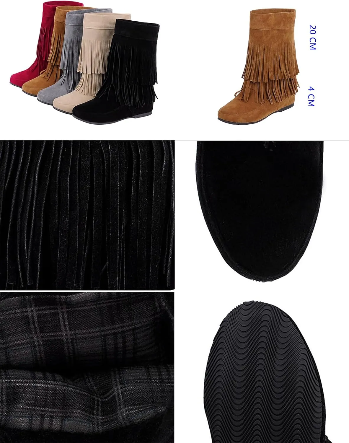 MOYOWEI Women's Vintage 2-Layer Fringe Suede Mid-Calf Boots,Fall Round Toe Hidden Height Lifting Hippie Low Flat High Boots