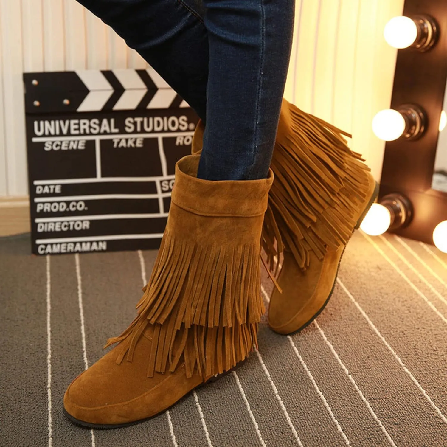 MOYOWEI Women's Vintage 2-Layer Fringe Suede Mid-Calf Boots,Fall Round Toe Hidden Height Lifting Hippie Low Flat High Boots
