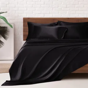 MR&HM Satin Bed Sheets, Queen Size Sheets Set, 6 Pcs Silky Bedding Set with 15 Inches Deep Pocket for Mattress(Queen, Black)