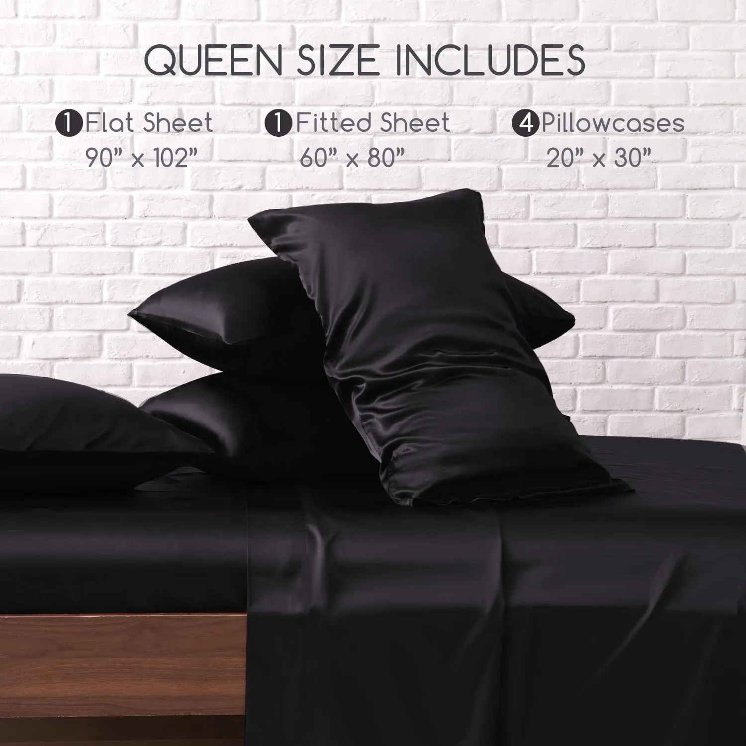MR&HM Satin Bed Sheets, Queen Size Sheets Set, 6 Pcs Silky Bedding Set with 15 Inches Deep Pocket for Mattress(Queen, Black)
