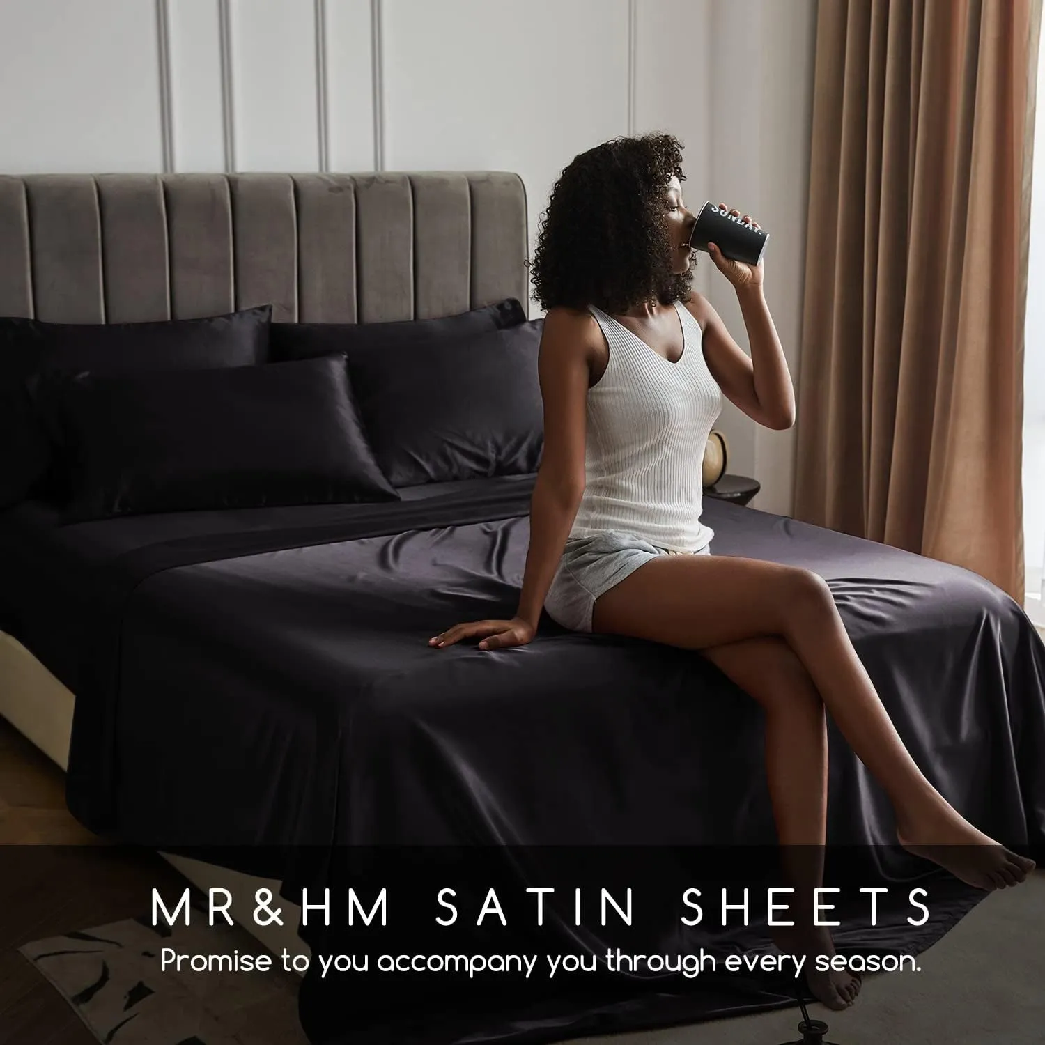 MR&HM Satin Bed Sheets, Queen Size Sheets Set, 6 Pcs Silky Bedding Set with 15 Inches Deep Pocket for Mattress(Queen, Black)