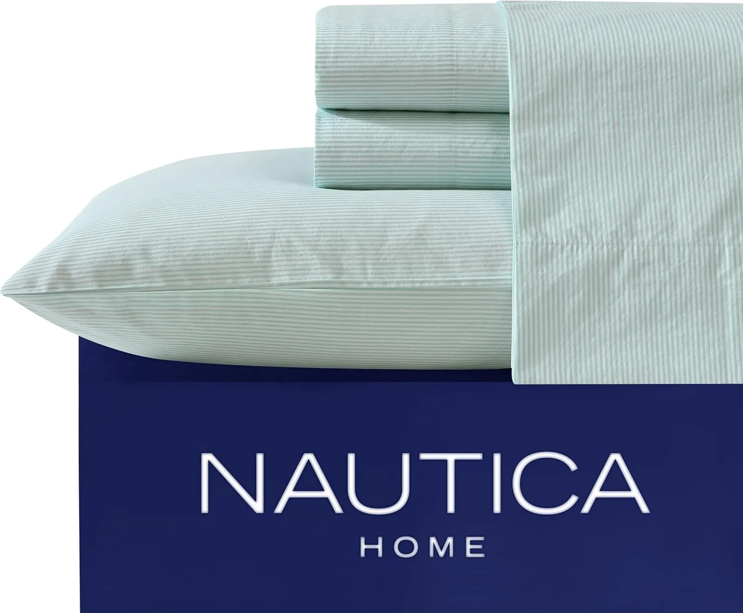 Nautica - Full Sheet Set, Cotton Percale Bedding Set, Crisp & Cool, Lightweight & Breathable (Penny Pinstripe Green, Full)