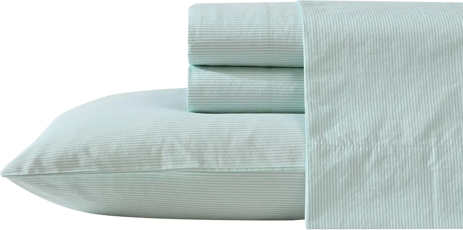 Nautica - Full Sheet Set, Cotton Percale Bedding Set, Crisp & Cool, Lightweight & Breathable (Penny Pinstripe Green, Full)