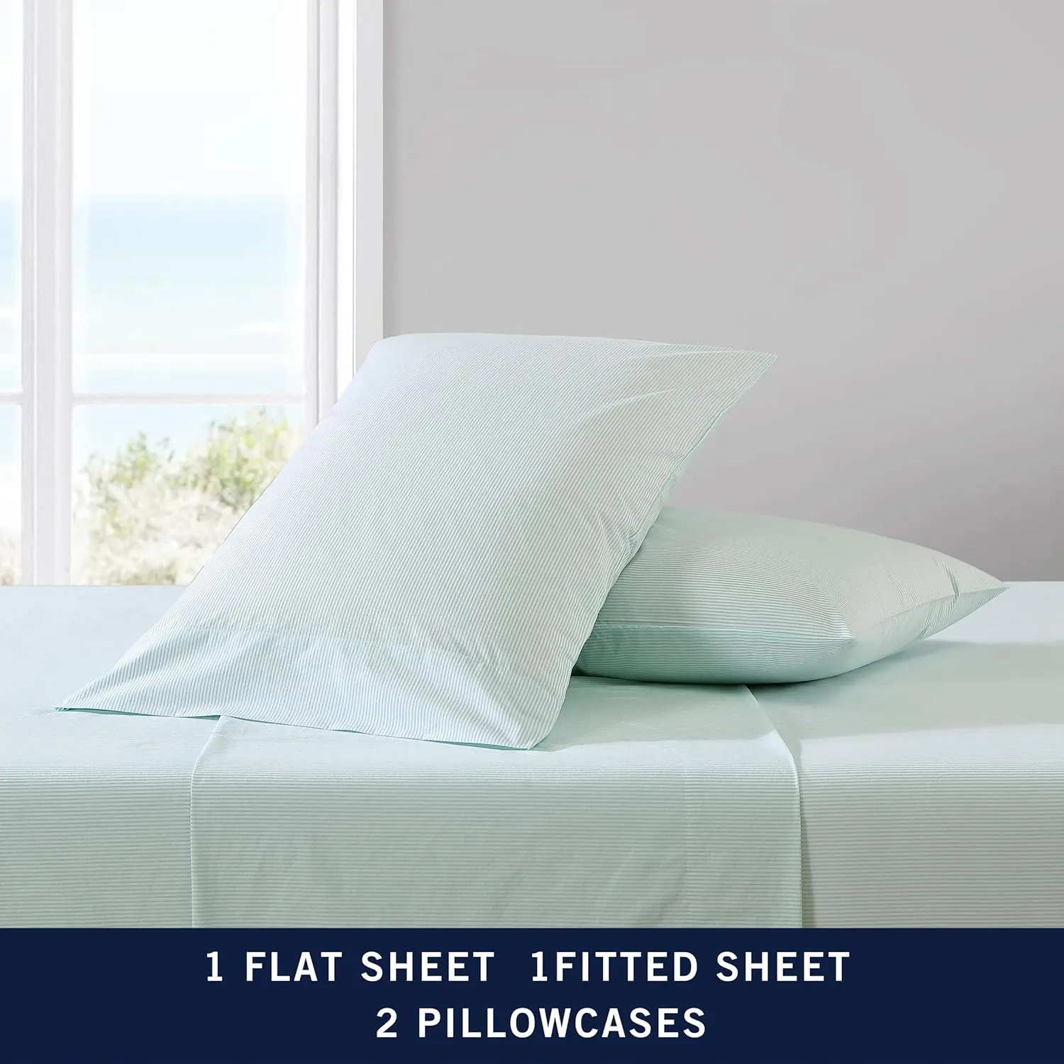 Nautica - Full Sheet Set, Cotton Percale Bedding Set, Crisp & Cool, Lightweight & Breathable (Penny Pinstripe Green, Full)
