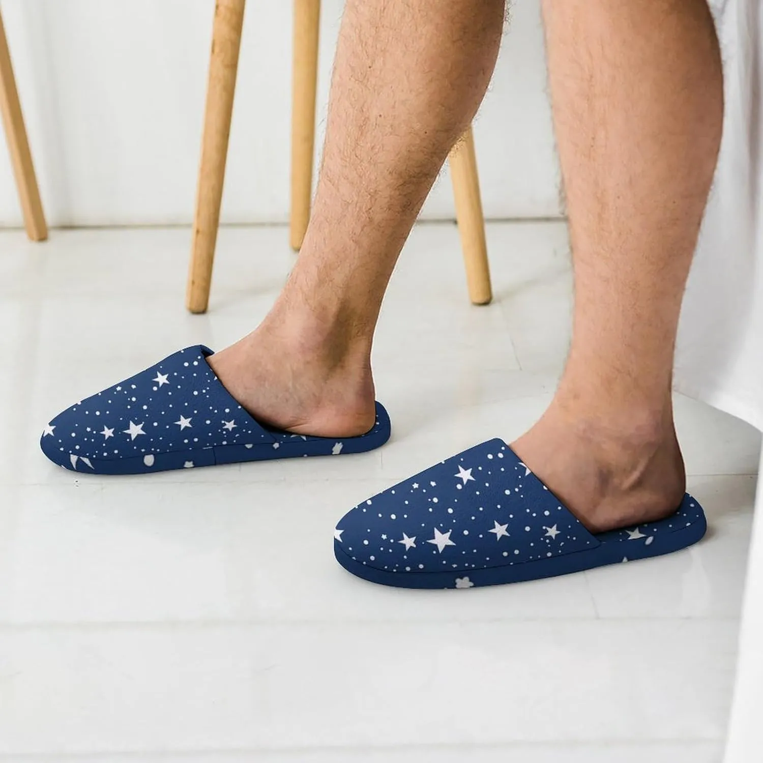 Navy Blue Night Sky Stars Men's Cotton Slippers Slip-on House Slippers Warm Home Shoses with Rubber Sole
