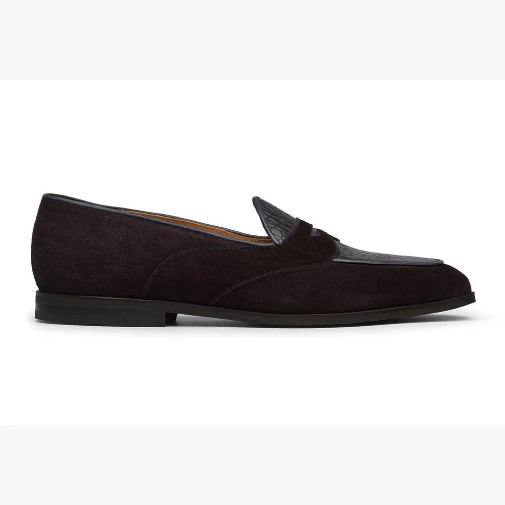Navy Suede Croco Detail Belgian Loafer