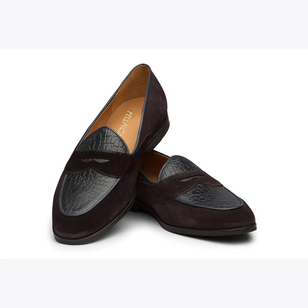 Navy Suede Croco Detail Belgian Loafer