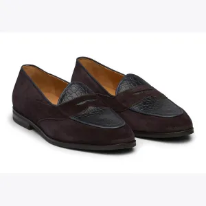 Navy Suede Croco Detail Belgian Loafer