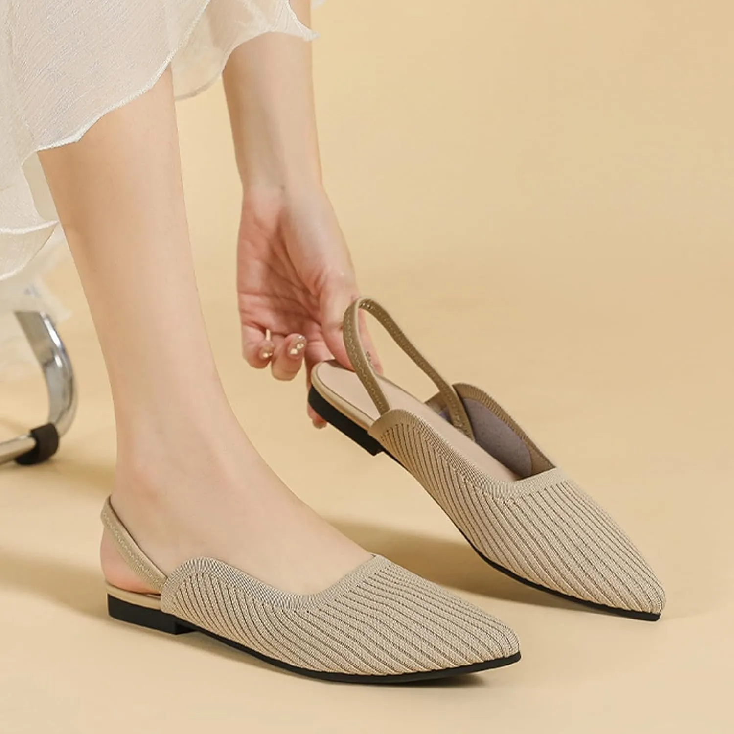 NELSBREXWomen'S Knit Closed Pointed Toe Flat Slip-On Mules Sandals Sexy Breathable Comfort Soft Sole Slingback Flat Shoes with Ankle Strap Casual Formal Work Dress Shoes