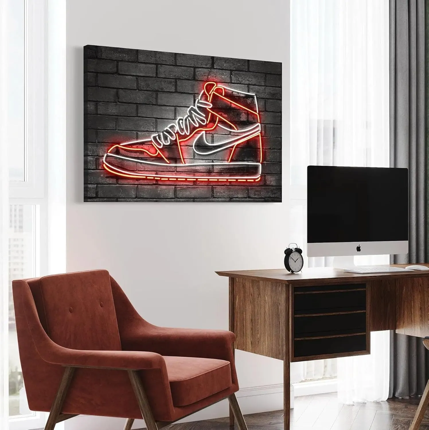 Neon Air 1 Sneaker Canvas Wall Art | Red Light Glow Poster Print | Urban Streetwear Decor for Shoe Collectors & Sneakerheads