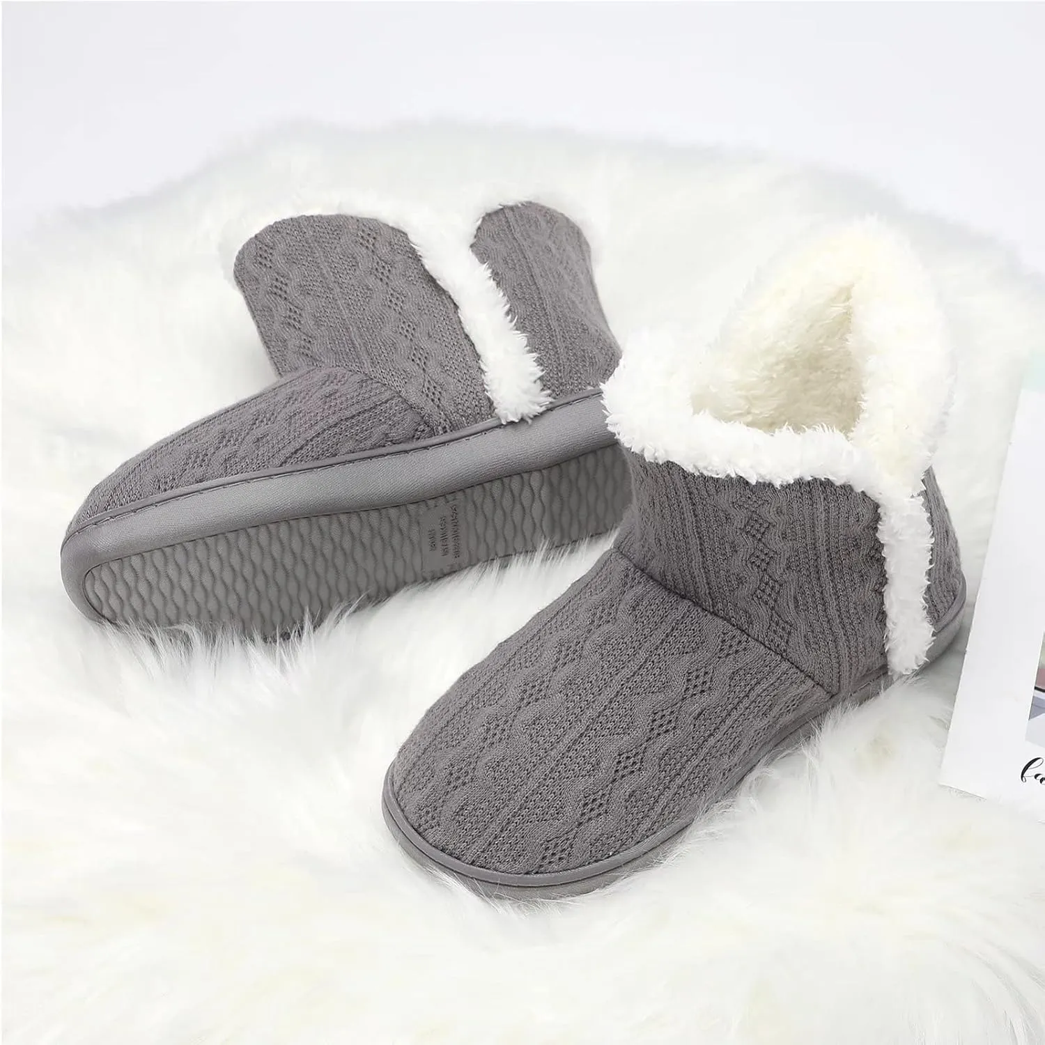 NineCiFun Women's Fuzzy Winter Bootie Slippers Knitted Ankle Boots Slippers Warm House Shoes Outdoor Indoor with Plush Fur Lining