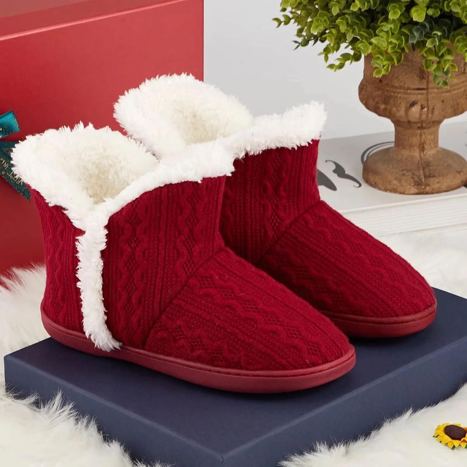 NineCiFun Women's Fuzzy Winter Bootie Slippers Knitted Ankle Boots Slippers Warm House Shoes Outdoor Indoor with Plush Fur Lining