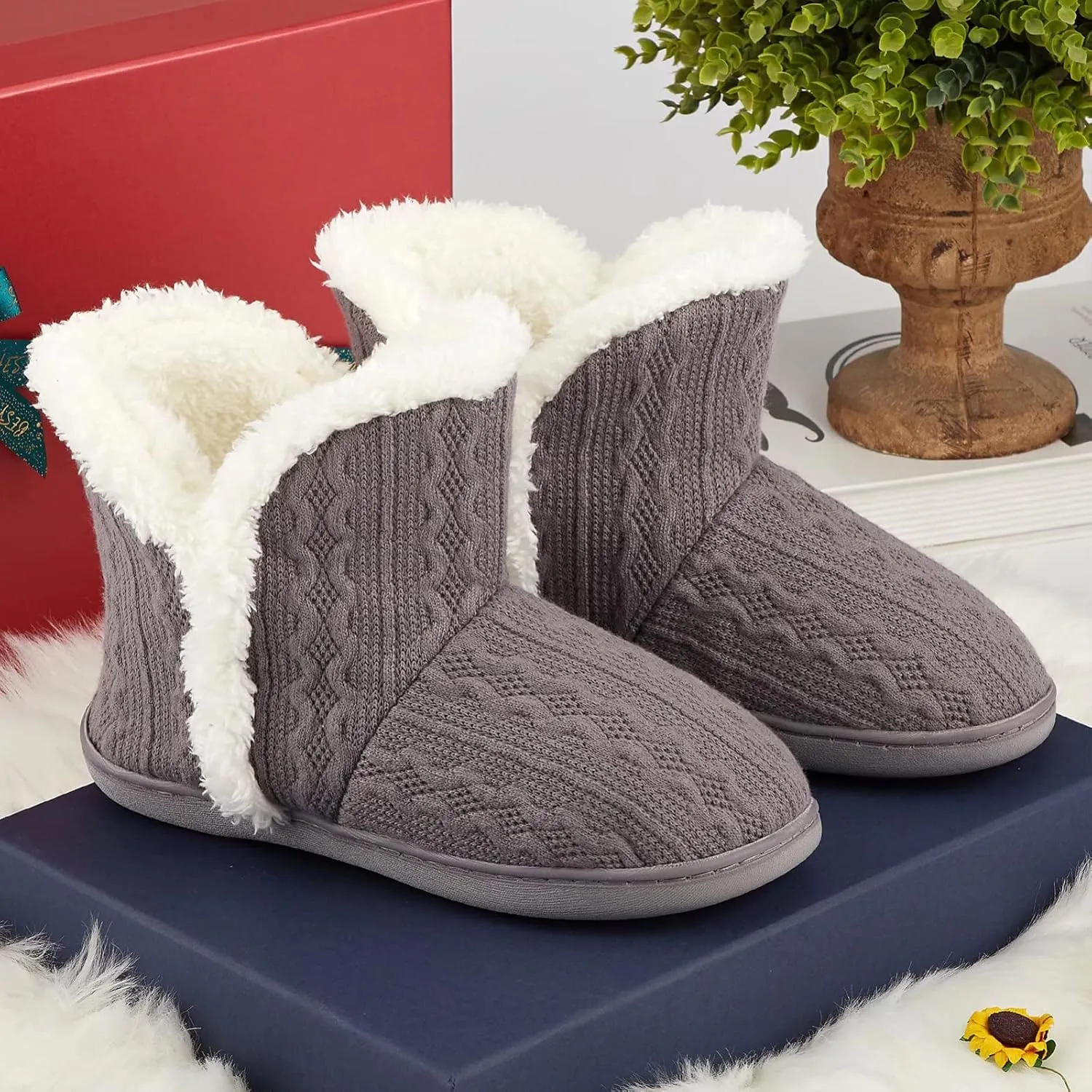 NineCiFun Women's Fuzzy Winter Bootie Slippers Knitted Ankle Boots Slippers Warm House Shoes Outdoor Indoor with Plush Fur Lining