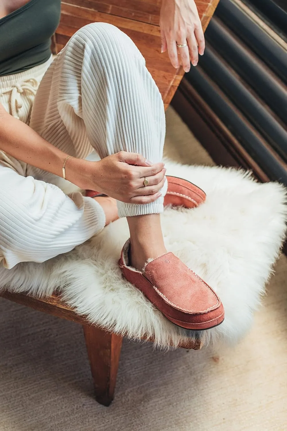 OLUKAI Nohea Slipper, Women's Slip-On Shoes, Genuine Shearling & Premium Nubuck Leather, Drop-In Heel Design, Cozy & Ultra-Soft Comfort Fit
