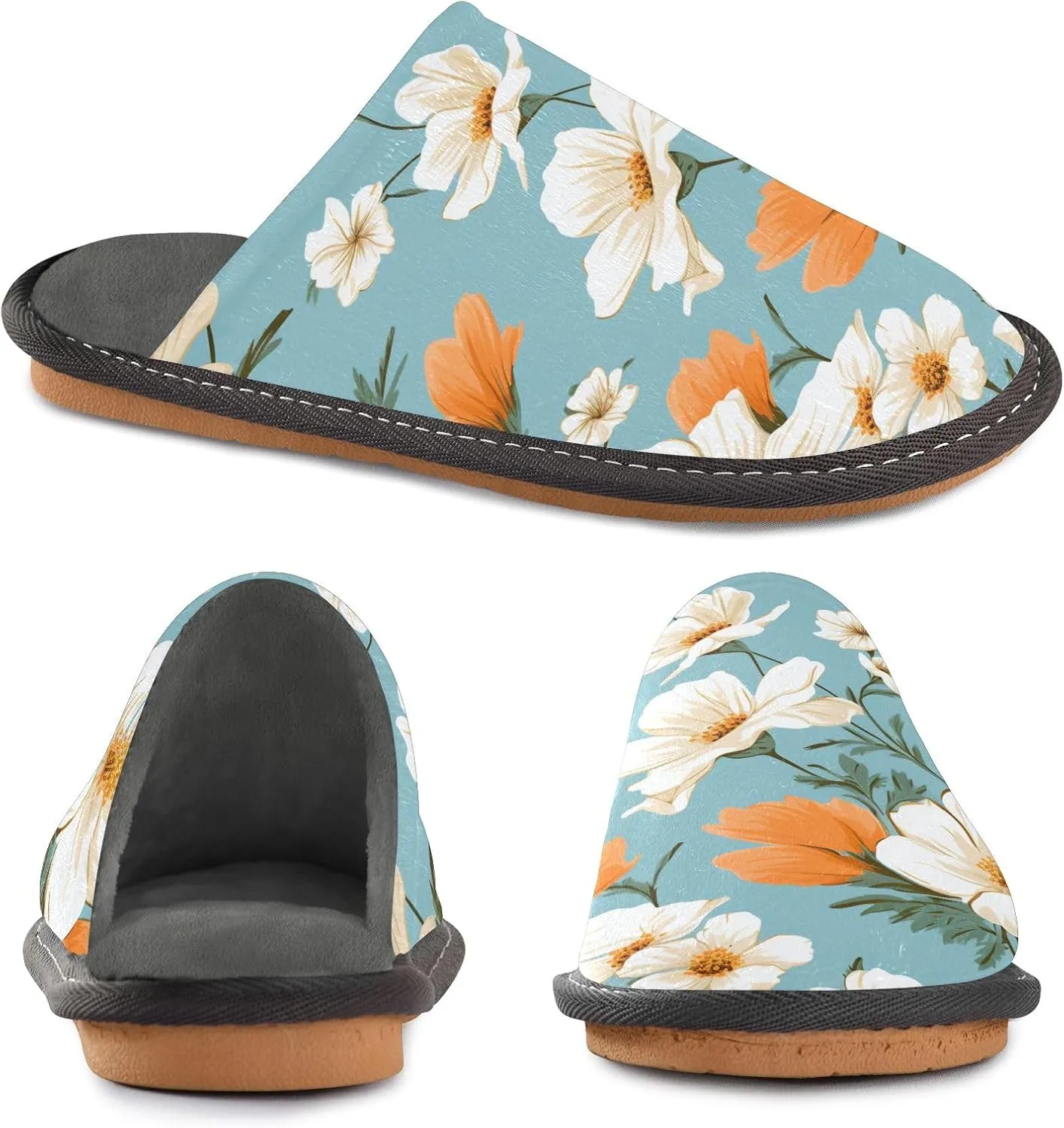 Orange White Flowers House Slippers, Non Slip Slippers for Women Men Warm Slippers House Shoes Indoor Outdoor Slippers