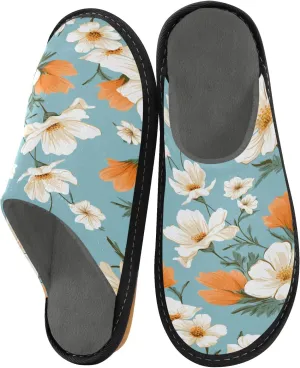 Orange White Flowers House Slippers, Non Slip Slippers for Women Men Warm Slippers House Shoes Indoor Outdoor Slippers