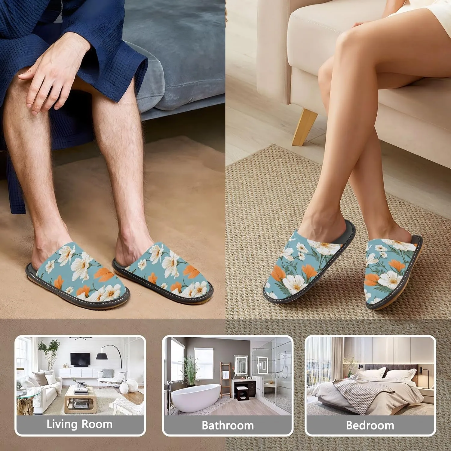 Orange White Flowers House Slippers, Non Slip Slippers for Women Men Warm Slippers House Shoes Indoor Outdoor Slippers