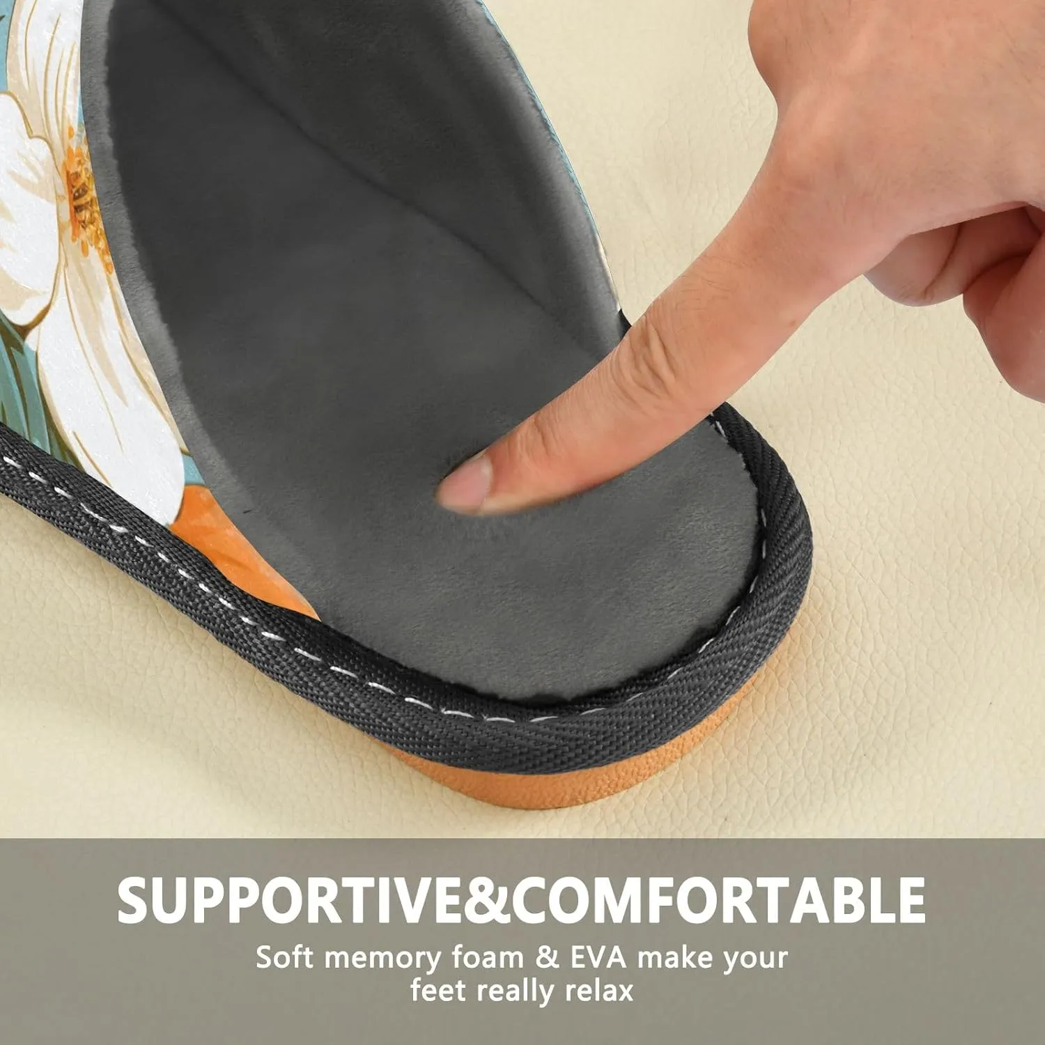 Orange White Flowers House Slippers, Non Slip Slippers for Women Men Warm Slippers House Shoes Indoor Outdoor Slippers