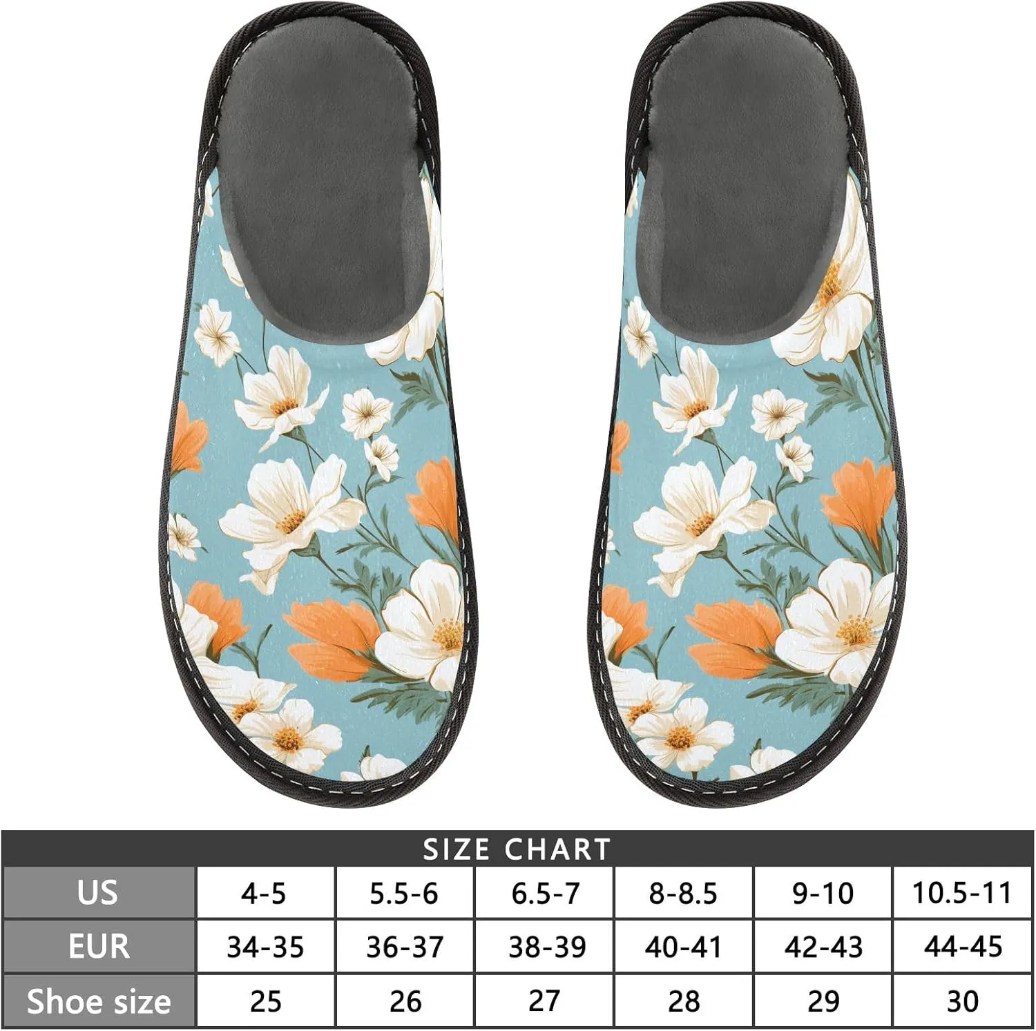Orange White Flowers House Slippers, Non Slip Slippers for Women Men Warm Slippers House Shoes Indoor Outdoor Slippers