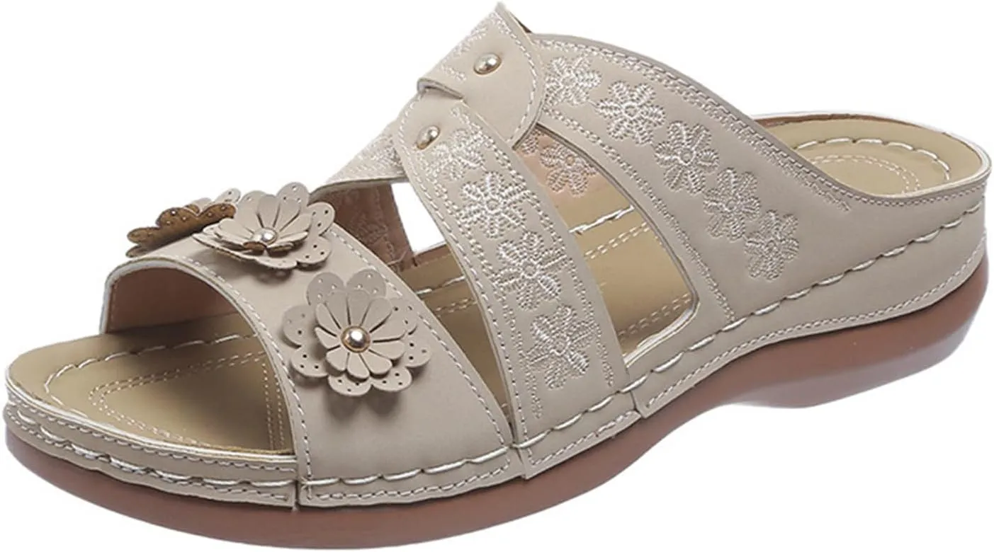 Orthopedic Sandals for Women Comfortable Slides Wedge Sandals Open Toe Breathable Yoga Mat Flat Slippers Fashion Flower Beach Shoes Indoor Shower Shoes