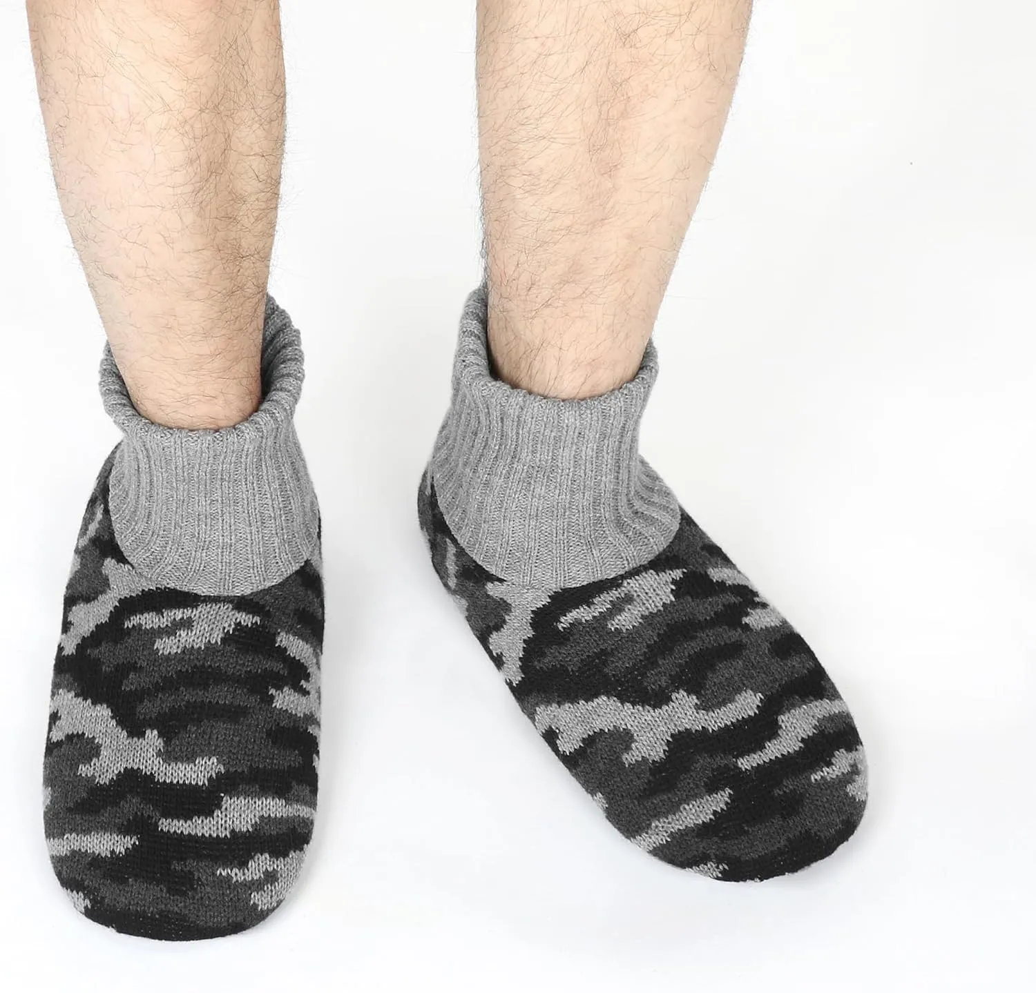 Panda Bros Men's Slipper Socks, Winter Cable Knit Non-Skid Warm Cozy Soft Indoor Socks With Fluffy Sherpa Lined
