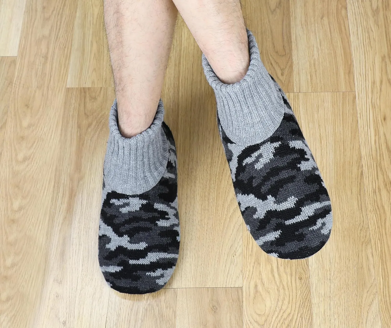 Panda Bros Men's Slipper Socks, Winter Cable Knit Non-Skid Warm Cozy Soft Indoor Socks With Fluffy Sherpa Lined